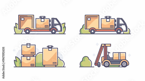 Cartoon illustration of packages on a truck, boxes stacked, and forklift, all on white