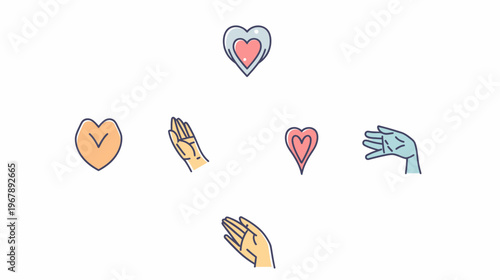 Stylized illustration of hands and hearts arranged around a central empty space