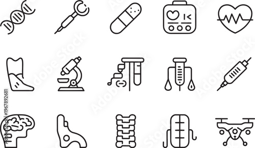 Diverse collection of minimal line icons representing healthcare, medical research, scientific discovery, and modern technology in an outline style.