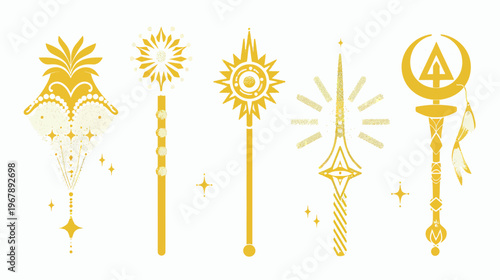 Stylized golden scepters with intricate, fantastical details on a white background