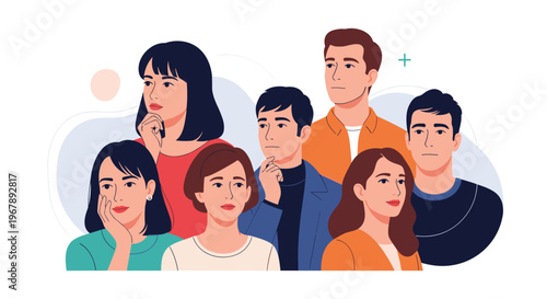 Group of diverse people looks forward with expressions of curiosity, thinking, and contemplation against a soft background.