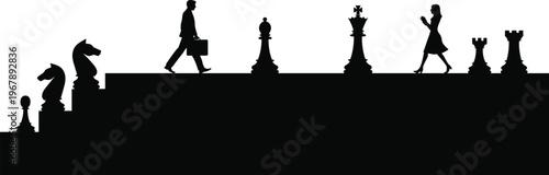 Silhouette of a businessman and businesswoman walking on a platform with chess pieces representing corporate strategy, career growth, and competition isolated on white background.
