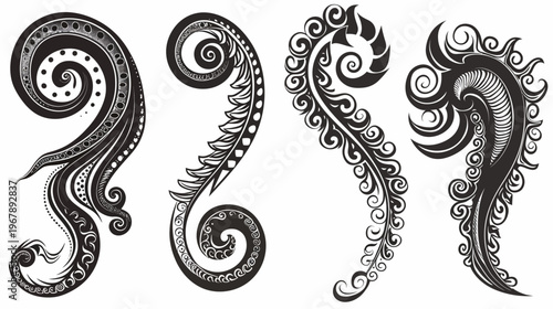 Four stylized black flourishes with swirling and spiraling patterns, on a white backdrop