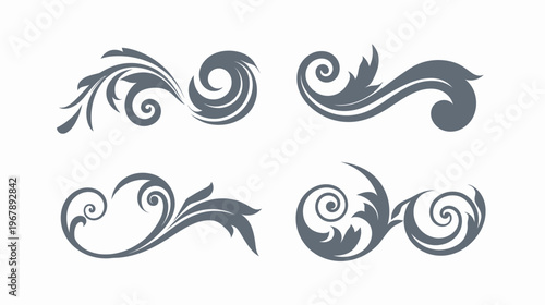 Four gray ornamental swirls and flourishes arranged on a white background