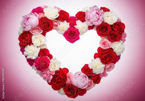 Vibrant red, pink, and white flowers beautifully frame a central pink heart shape, creating a romantic and festive floral arrangement, anniversary, style, symbol