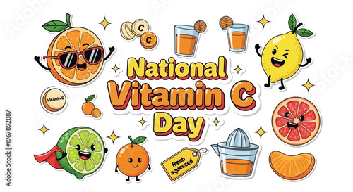 Illustration design celebrating National Vitamin C Day with cartoon fruits and juicer on white background.