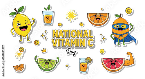 A colorful illustration featuring cartoon fruits and vitamin C rich foods to celebrate National Vitamin C Day with a playful and healthy theme.