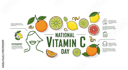 Infographic design for National Vitamin C Day, illustrating health benefits and sources of vitamin C with citrus fruits and educational labels on a white background.