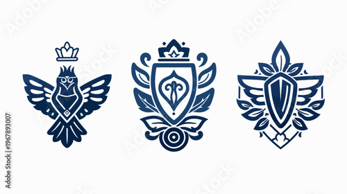 Three abstract heraldic crests in dark blue on white, shields with stylized leaves