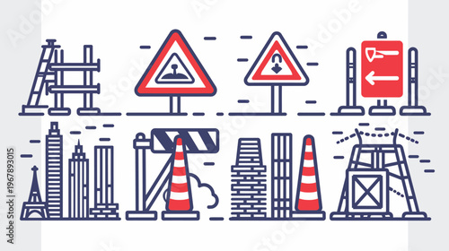 Line art showcases infrastructure, construction, landmarks, and warning signs in red and blue