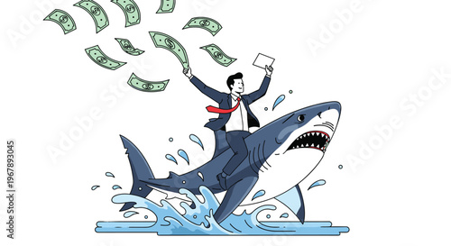 Ambitious businessman successfully riding a giant shark while holding a document as money flies through the air above the blue waves.
