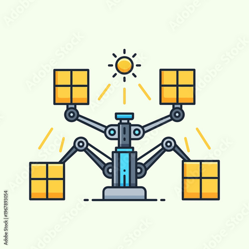 Robotic system with multiple arms holding solar panels, tracking the sun for renewable energy generation.