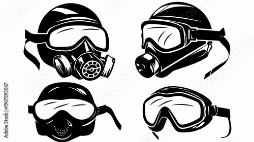 Four black and white vector illustrations of protective helmets and goggles, different angles