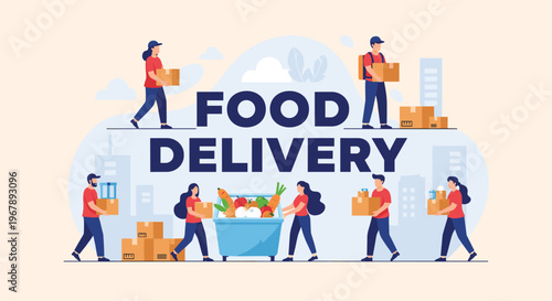 Professional delivery team carrying boxes and fresh groceries to provide efficient food transport services to customers in the city.