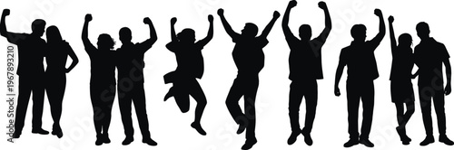 Silhouette of a diverse group of happy people celebrating success, jumping for joy, and cheering with raised hands isolated on a white background for victory.