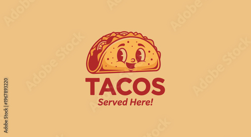 Cute cartoon taco character with smiling face and text advertisement.