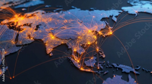 Digital connections illuminate the Asian continent, showcasing global networks and interconnectedness.