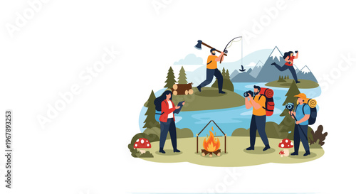 Active people enjoying various outdoor activities like hiking, fishing, and photography in a beautiful mountain landscape with a forest.