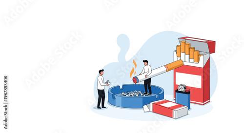 Concept of tobacco addiction featuring people around a giant cigarette and an ashtray filled with cigarette butts and grey smoke.
