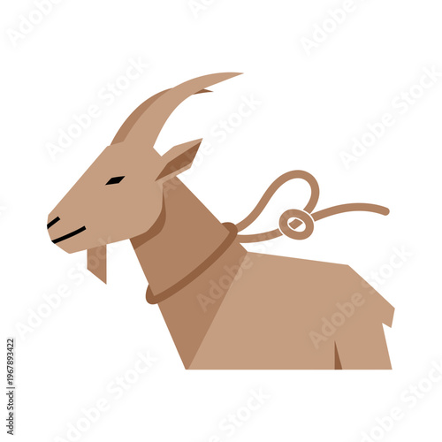 Stylized brown goat with a rope around its neck, depicted in a minimalist, geometric art style.