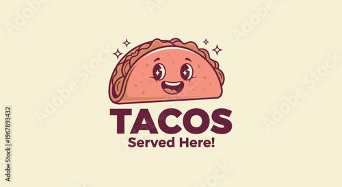 Cute cartoon taco smiling with text that says tacos served here.