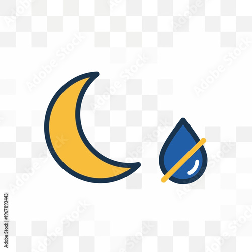 Vector icon depicting a yellow crescent moon and a blue water drop with a diagonal line, symbolizing dry night or no water at night.