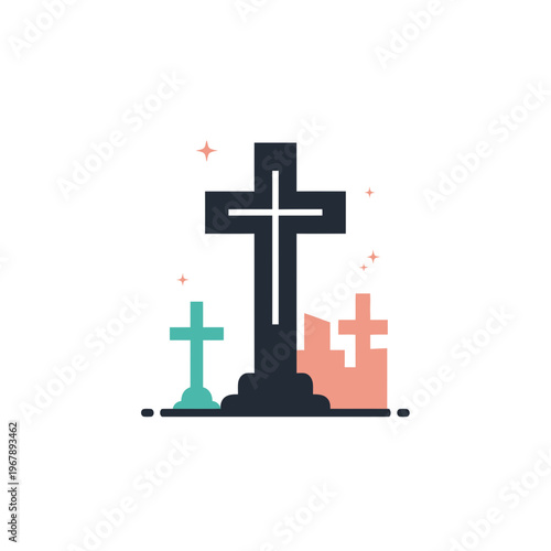 An illustration of a cemetery scene featuring multiple crosses and gravestones in a minimalist flat design style.