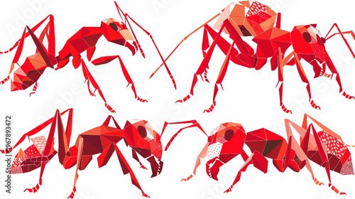 Four angular red ants face each other on white