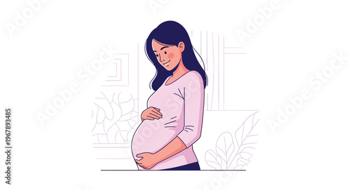 Portrait of a happy pregnant woman gently touching her belly while standing in a minimalist room filled with soft natural light.