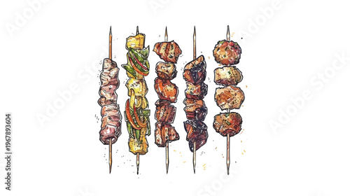 Watercolor illustration of five skewers with grilled meat and vegetables on white