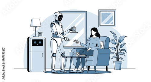 Futuristic home robot assistant serving a drink and medicine to a woman relaxing in an armchair inside a modern living room.