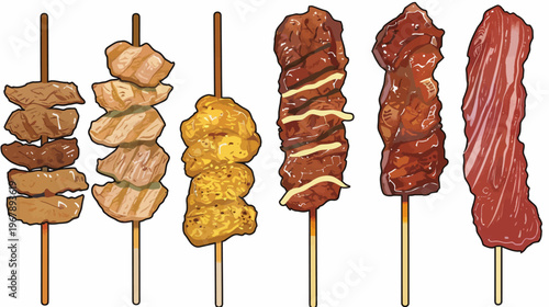 Stylized illustration of six cooked skewers of various meats on wooden sticks