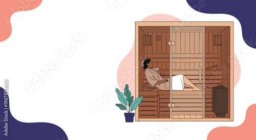 Young woman wearing a white robe and relaxing inside a traditional wooden sauna to enjoy a peaceful wellness and spa treatment.