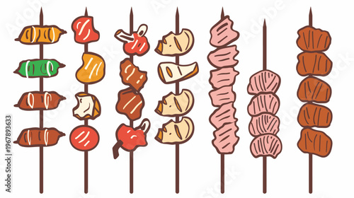 Whimsical food skewers illustration, various meats and vegetables on wood sticks, food design