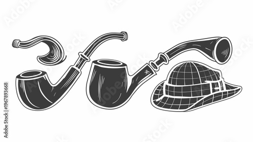 Vintage-style drawing of smoking pipes and a pith helmet in grayscale, lined art style