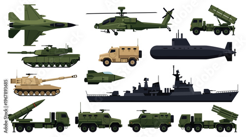 Modern Military Vehicle Vector Set with Tanks Jets Warships and Missile Launchers for Defense Industry Infographics