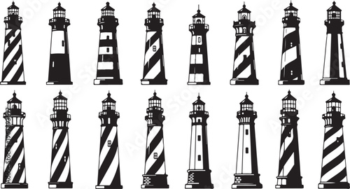Collection of various lighthouse silhouettes in black and white patterns