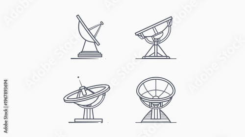 Four line-drawing satellite dishes on white background, varying styles, isolated
