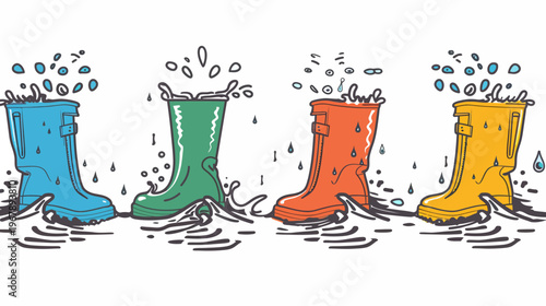 Cartoon of blue, green, orange, and yellow rain boots in water with splashes
