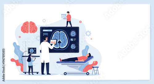 Team of neuroscientists and medical doctors performing a brain scan on a patient to analyze neurological health in a hospital.
