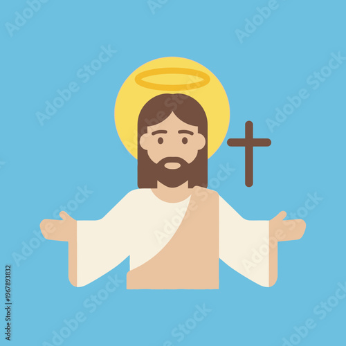 Cartoon illustration of Jesus Christ with a golden halo and outstretched arms, accompanied by a cross, set against a light blue background.