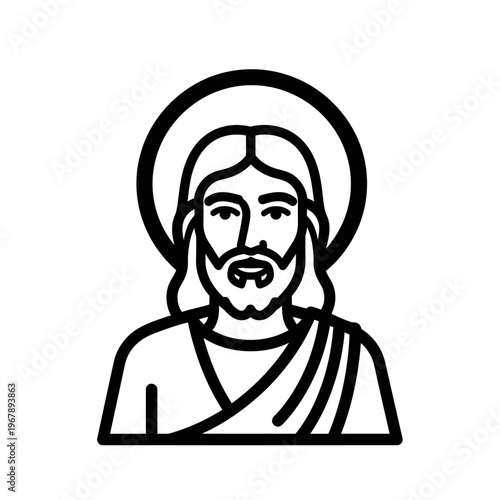 Black and white line art illustration of Jesus Christ with a halo and beard, depicted from the chest up in a simple iconic style.