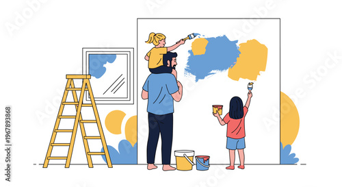 Happy family with a father and two young daughters working together to paint a wall with blue and orange colors in their home.