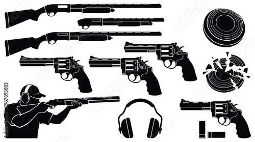 Skeet Shooting and Firearm Silhouette Vector Icon Set with Shotgun Revolver Clay Pigeon and Hearing Protection