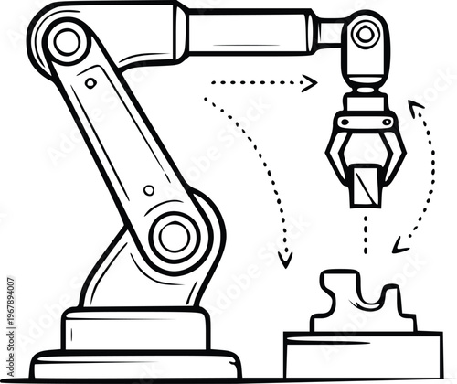 Industrial robotic arm vector illustration, automated factory machine line art, mechanical manipulator with claw for manufacturing and engineering