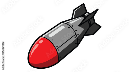 Cartoon style aerial bomb illustration with red nose cone and metallic fins for business risk and military concepts