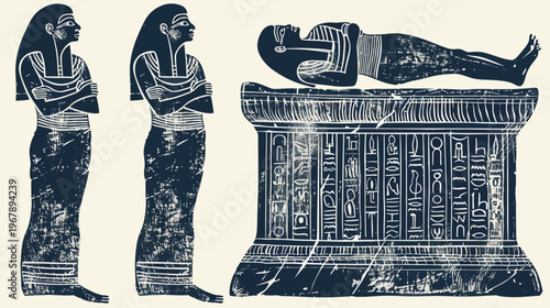 An aged depiction of standing figures and a sarcophagus with hieroglyphics
