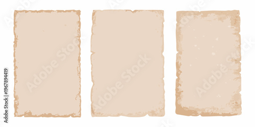 Three aged rectangular paper sheets with frayed edges against white
