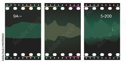 Three filmstrip panels depicting abstract landscapes with numerical markings