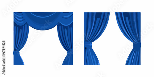 Two depictions of draped royal blue curtains with decorative swags